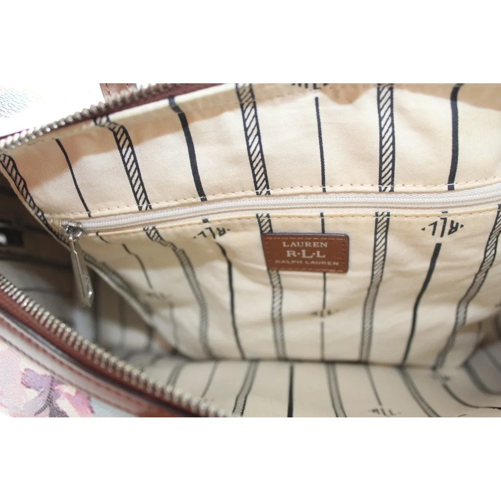 Lauren Ralph Lauren Floral Watercolor Satchel Bag‎ Brown Leather Trim Red Blue